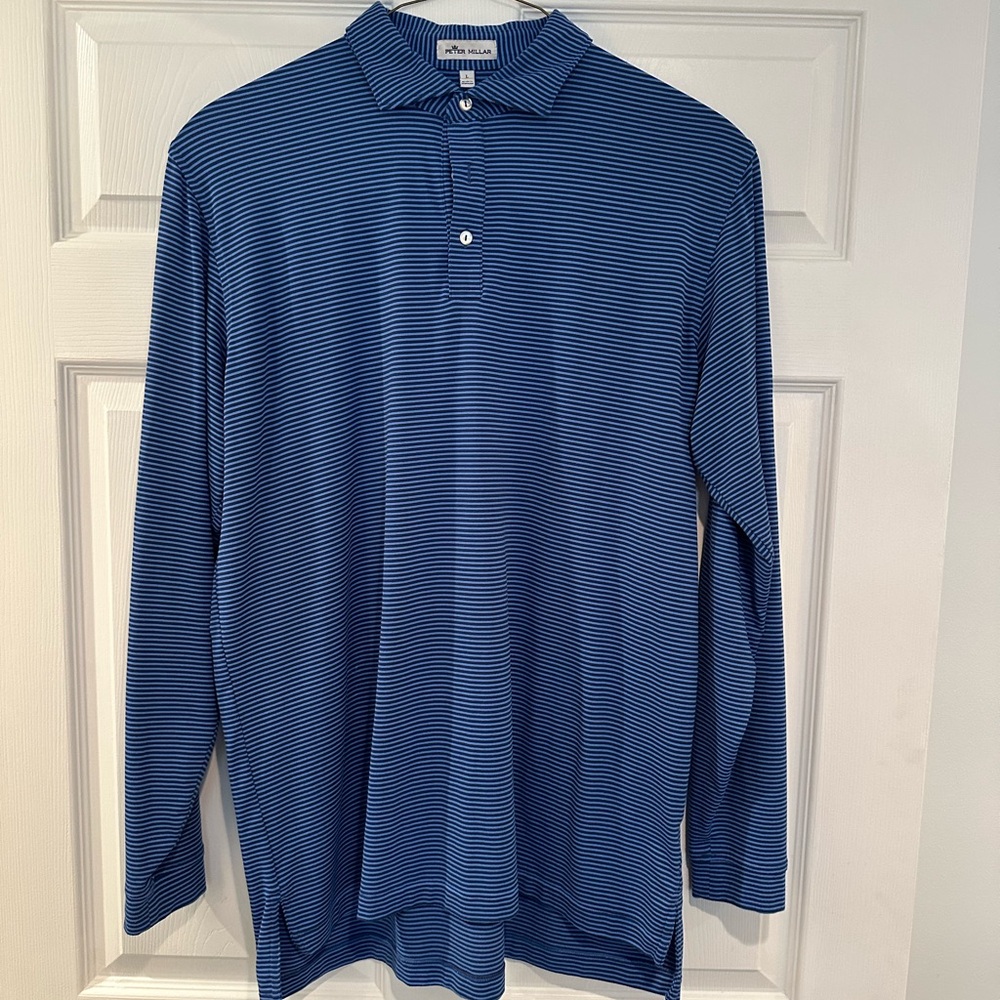 Peter Millar Men's Navy Striped Long Sleeve Polo